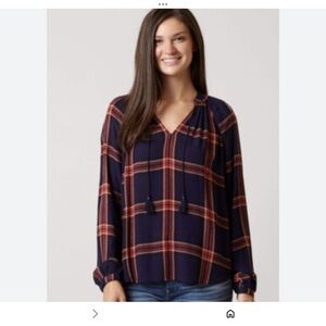 NWOT Lucky Women’s Plaid Long-Sleeve V-Neck Blouse - Navy and Rust